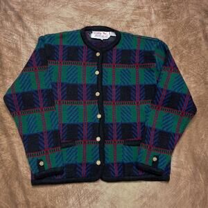 Tally-Ho Vintage Plaid Cardigan Sweater Multicolor Knit Checkered Women's M 80s